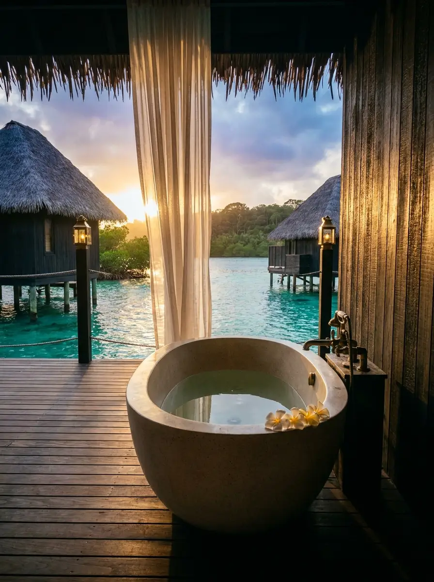 Stone bathtub facing the sea at sunset