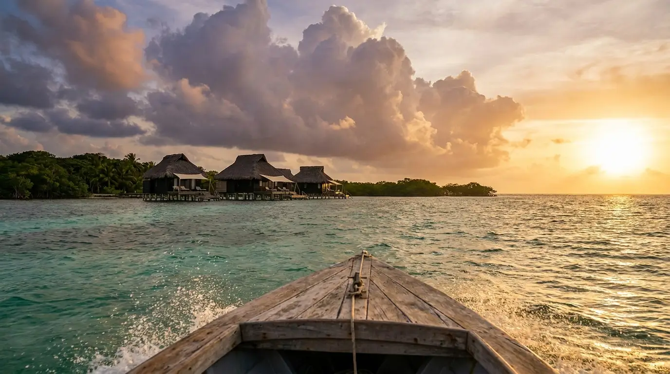 Bow of a water taxi crossing golden water toward Cayo Lumo