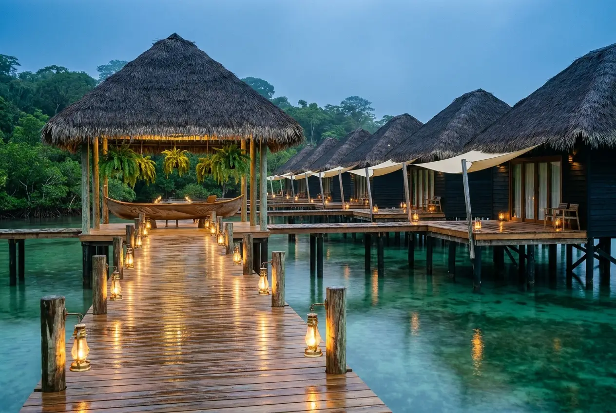 Lantern-lit teak dock at blue hour leading to the open-air lobby