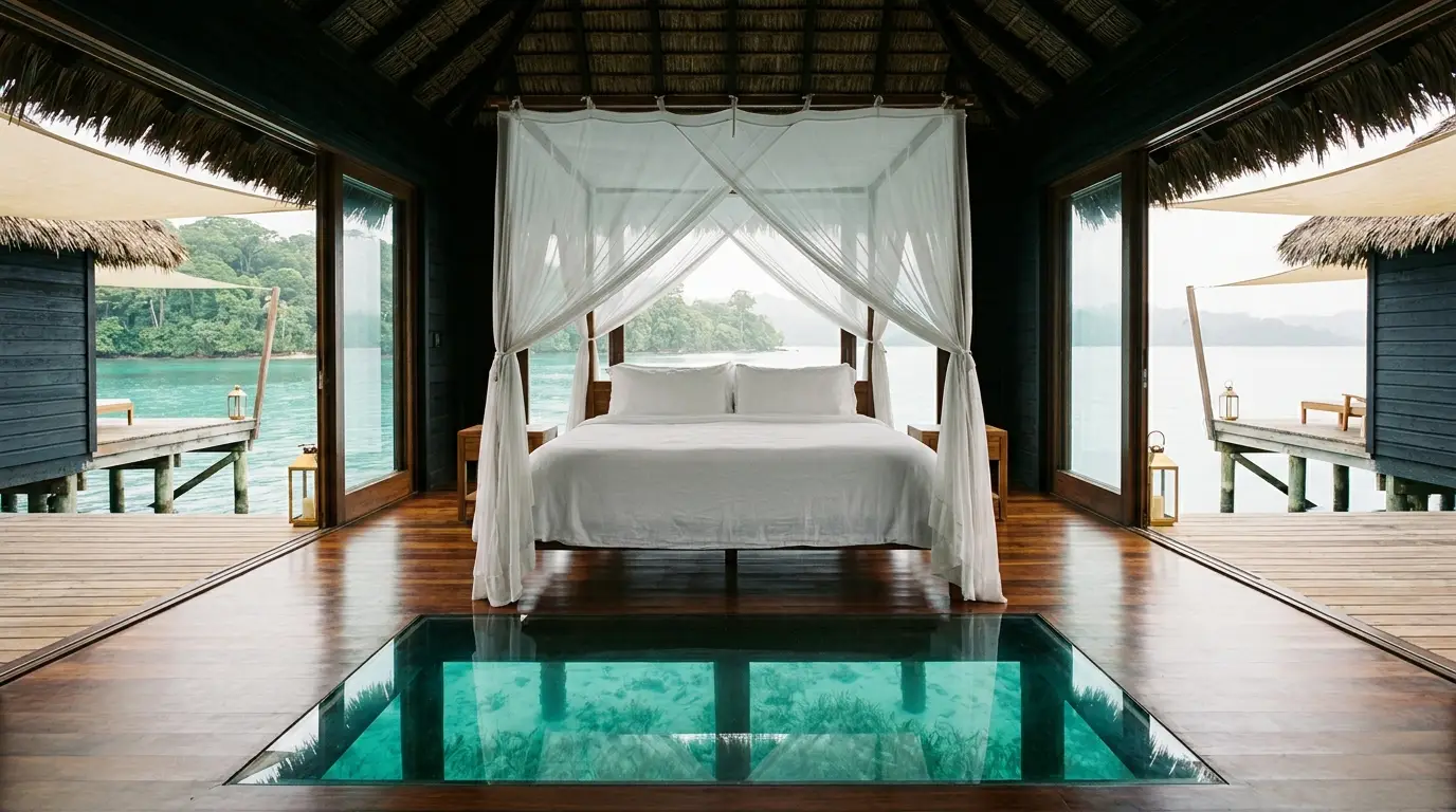 Bedroom with linen canopy bed and glass floor panel glowing turquoise
