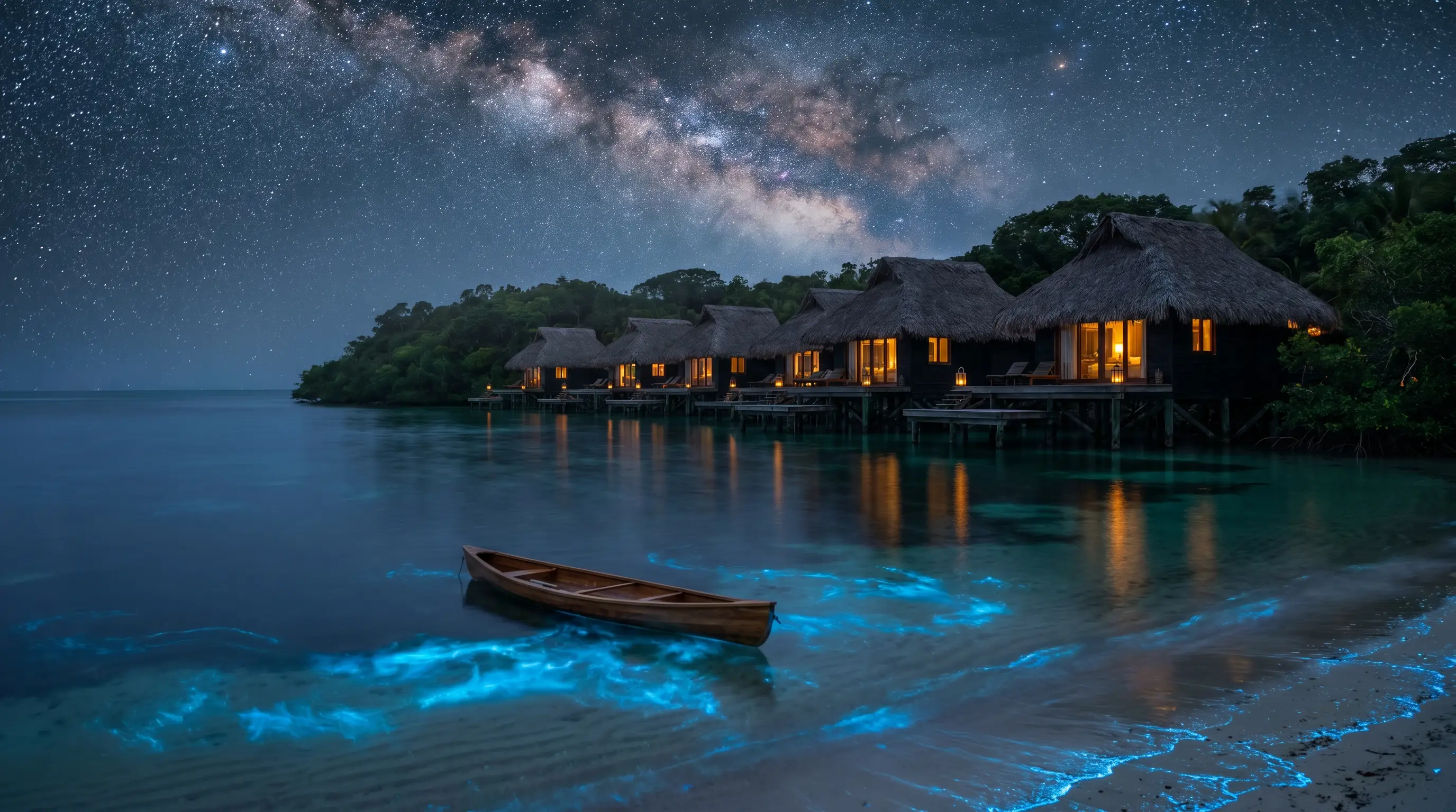 Kayak on dark water glowing with blue bioluminescence under the Milky Way