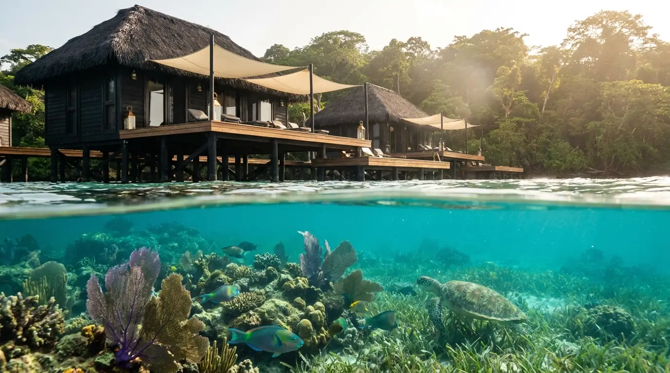 Split shot: villa stilts above water, coral reef and sea turtle below