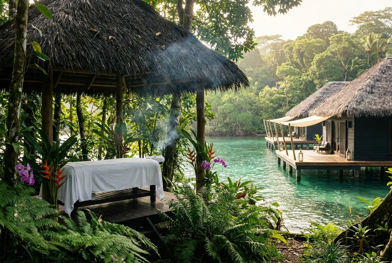 Open-air jungle spa sala with a single massage table among ferns