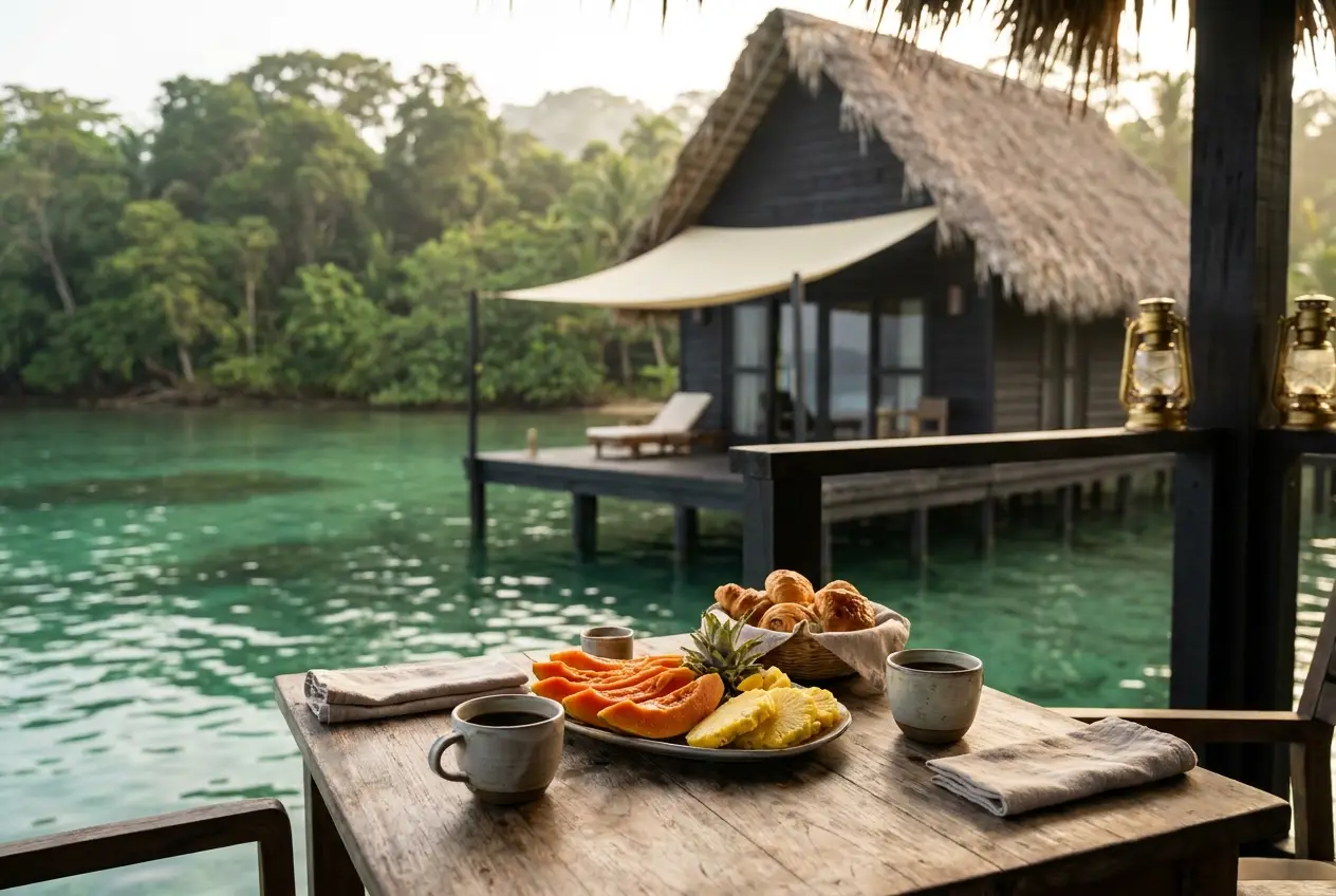 Breakfast with papaya, pastries and geisha coffee on a villa deck