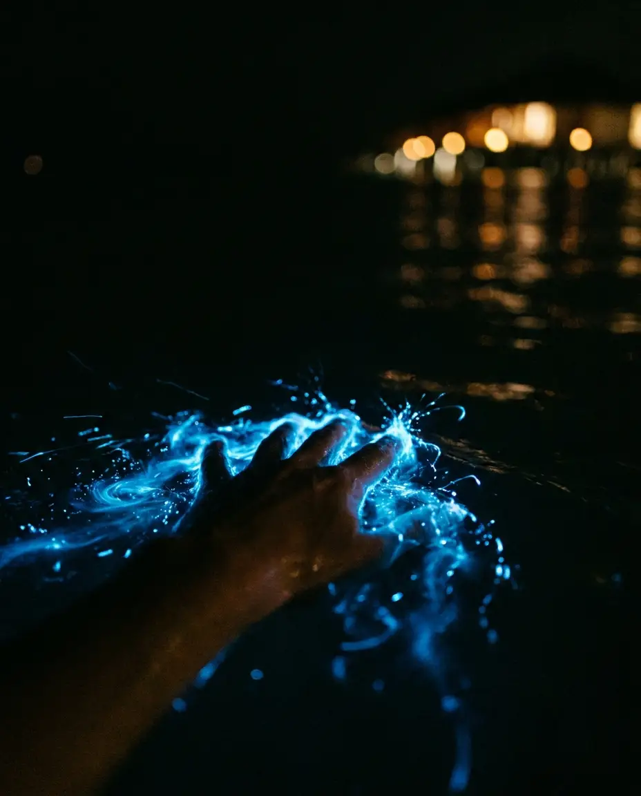 Hand trailing glowing blue bioluminescence through dark water