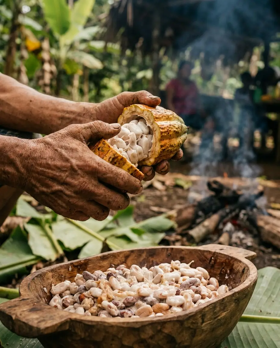 Open cacao pod held over a bowl of beans on a jungle farm