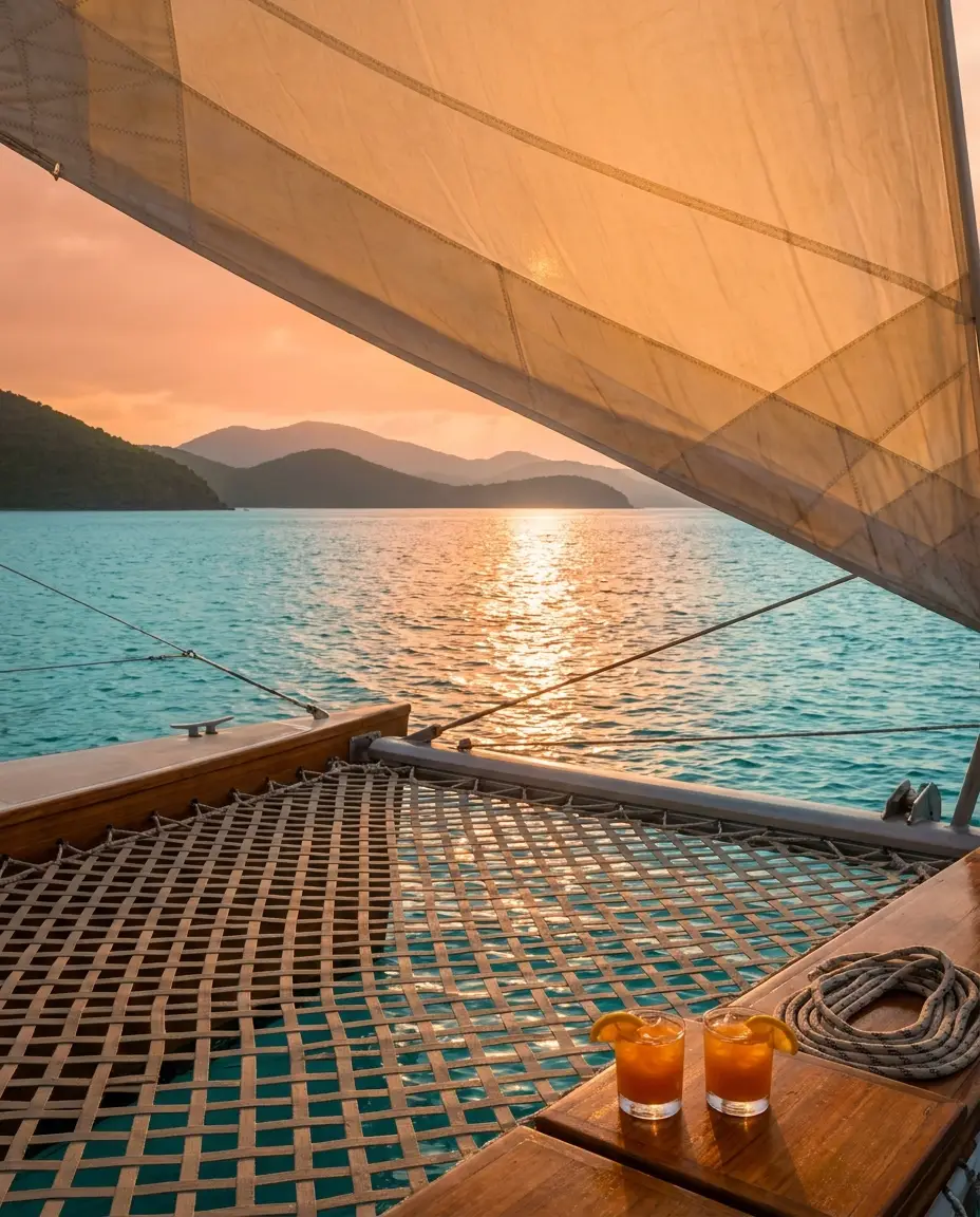 Catamaran bow sailing between islands at sunset