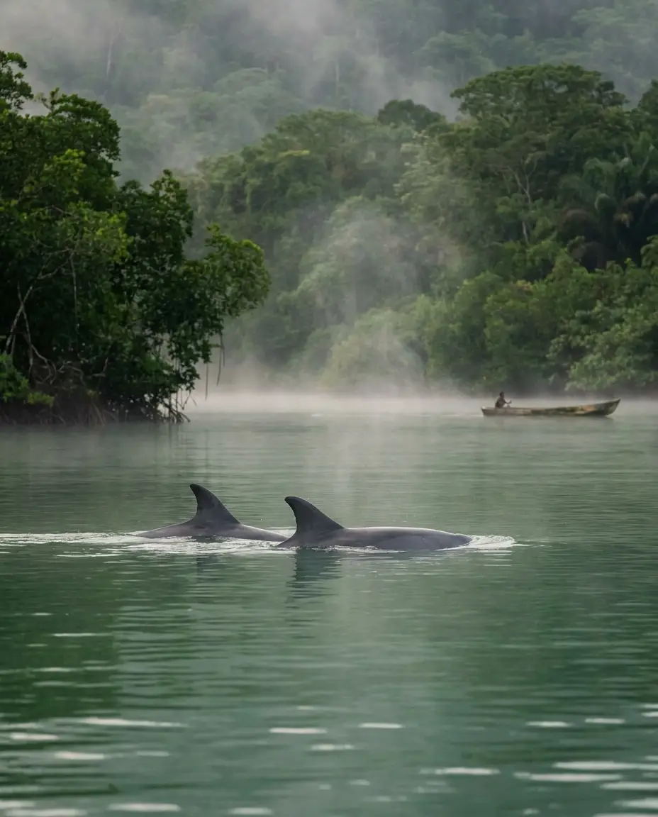 Two bottlenose dolphins surfacing in a calm jade lagoon