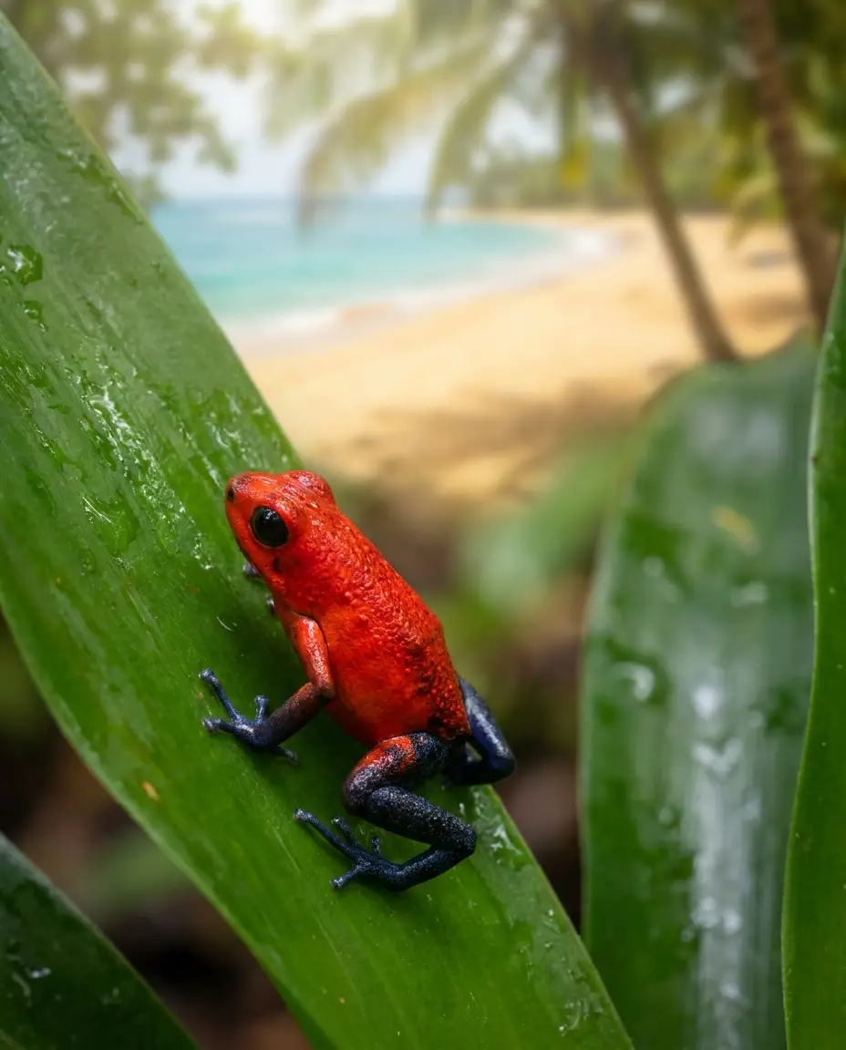 Red poison dart frog on a leaf with golden beach behind