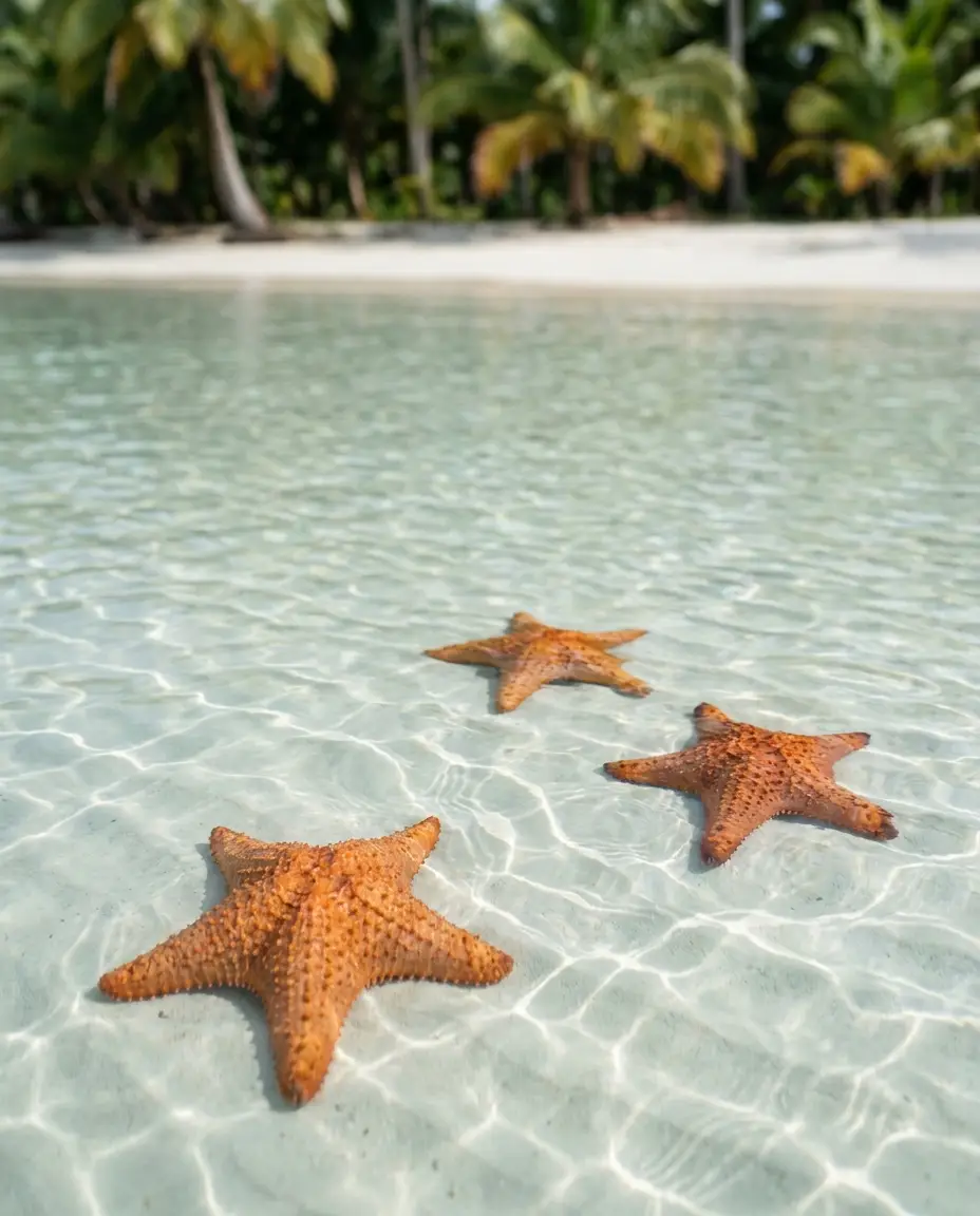 Giant orange starfish in clear knee-deep water