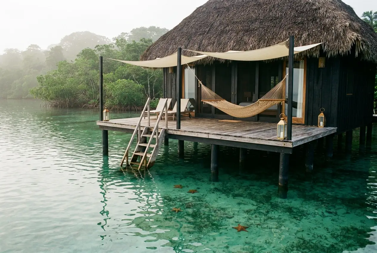Over-water villa with hammock and ladder into turquoise shallows